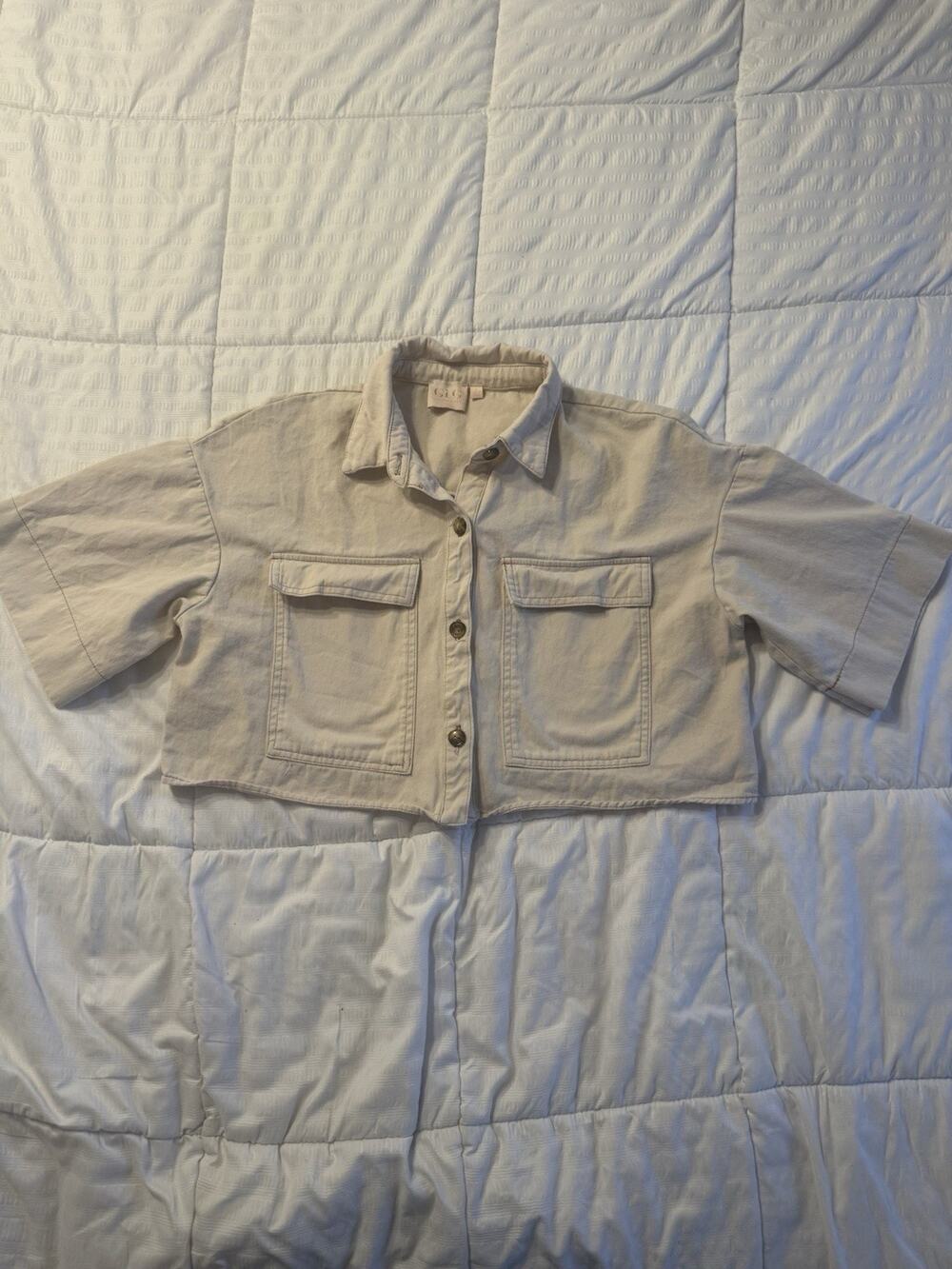 Good Luck Gem GLG Cropped Cream Beige Shirt Jacket Short Denim Pocket Safari